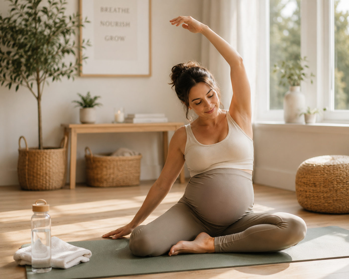 A pregnant woman doing gentle prenatal exercise on a yoga mat in a bright airy room, calm and healthy
