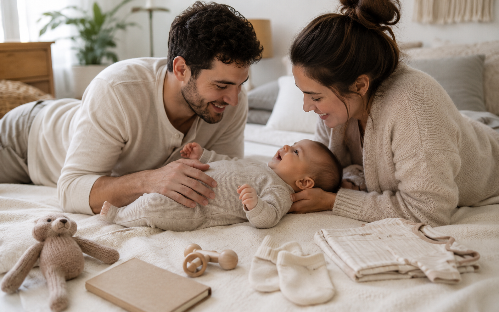 Father and mother lying close to their newborn on a bed, both gazing at baby with warmth and wonder