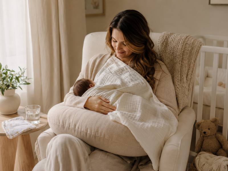 Mother breastfeeding her newborn baby in a nursery glider