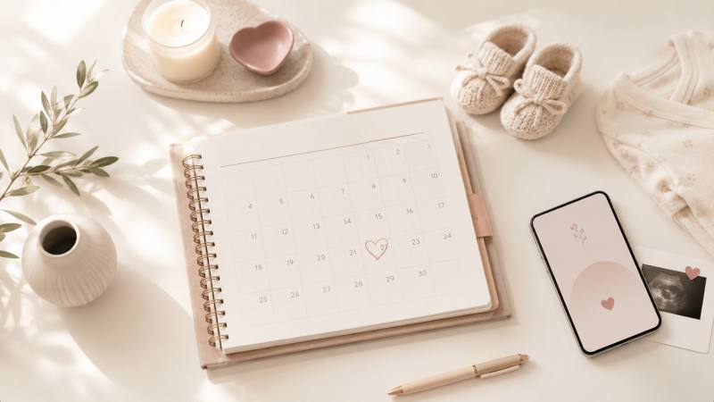 Due date calculator with a calendar and baby booties