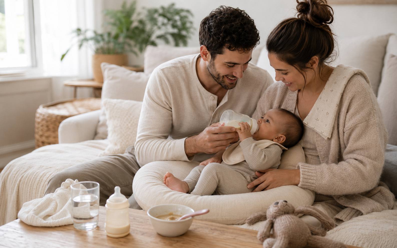 Father bottle-feeding a newborn while lying on a bed, close and calm, warm natural light
