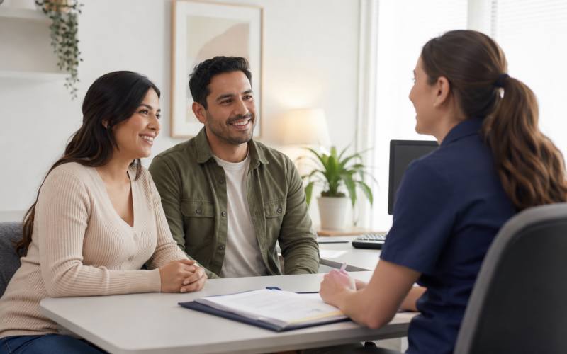 Pregnant woman at her first prenatal appointment in the first trimester, what to expect and what questions to ask