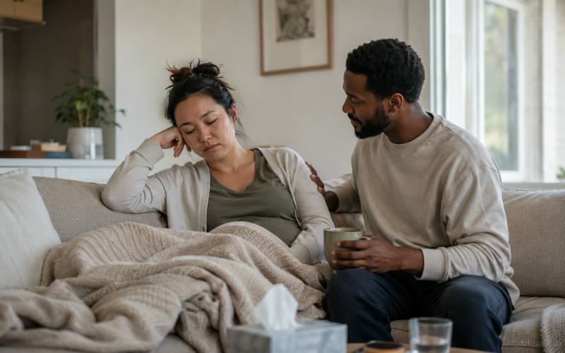 Pregnant woman resting on sofa during first trimester, calm and tired, soft home light, first trimester symptoms and what to expect