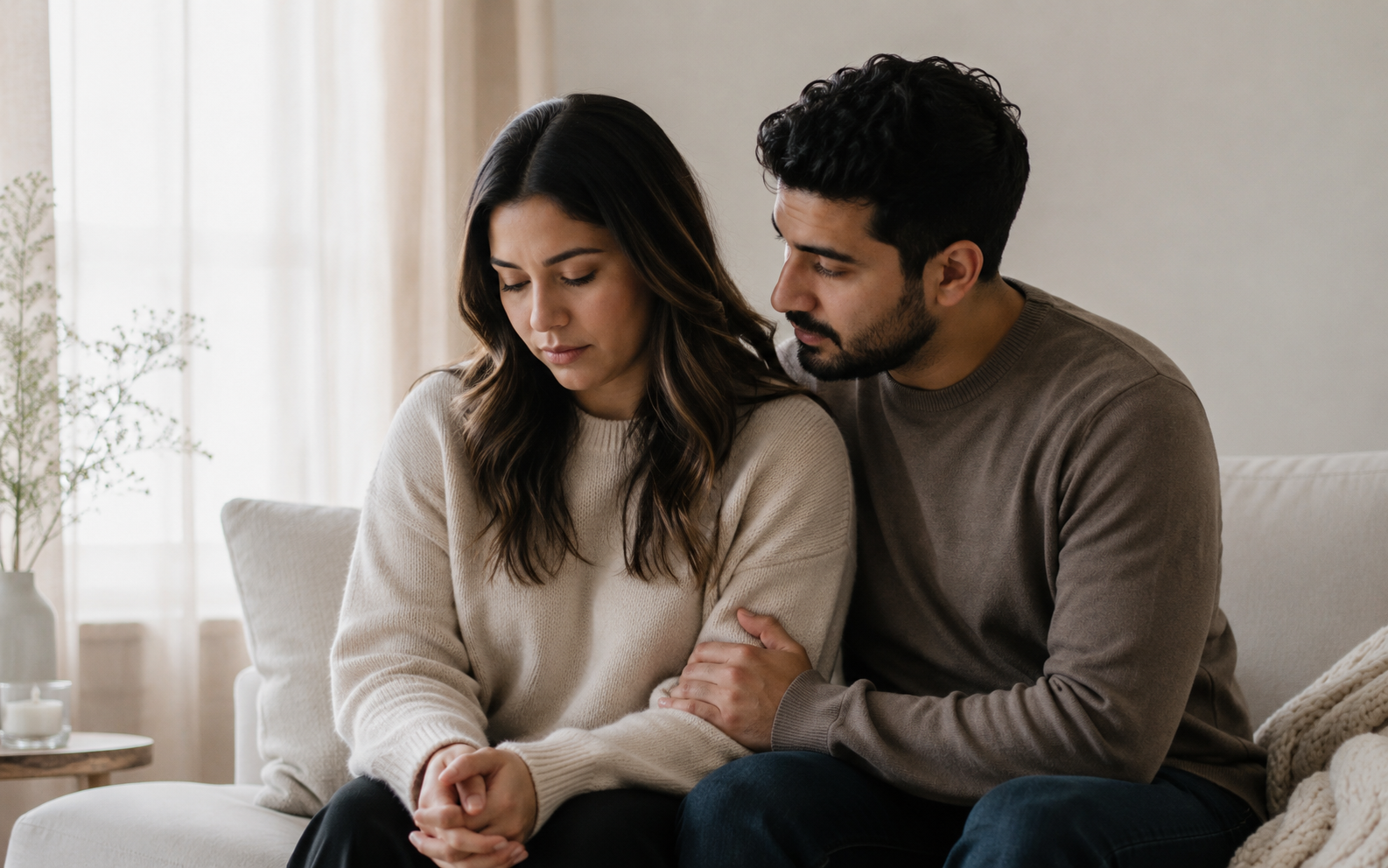 Couple sitting close together in a quiet, supportive moment after pregnancy loss.