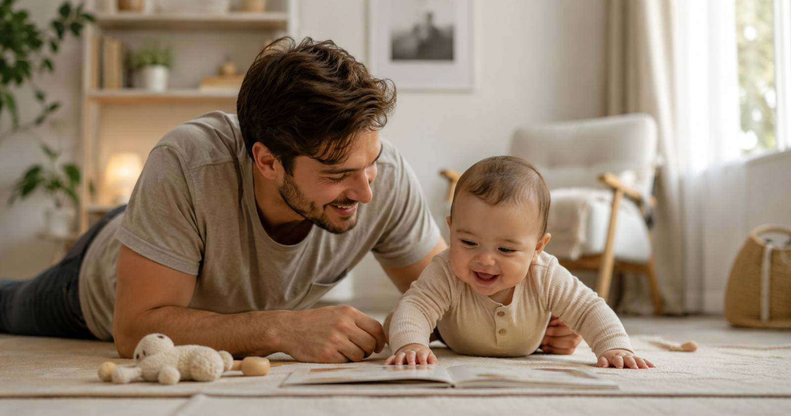 New dad bonding with his baby during tummy time at home, practical baby care and fatherhood support for new dads