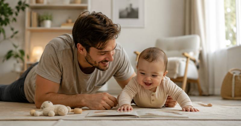 A new dad with his baby at home