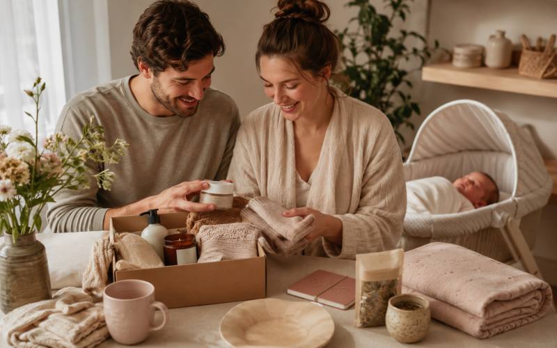 New parents opening thoughtful gifts with baby nearby in a cozy nursery setting - gift guides for new moms and parents-to-be