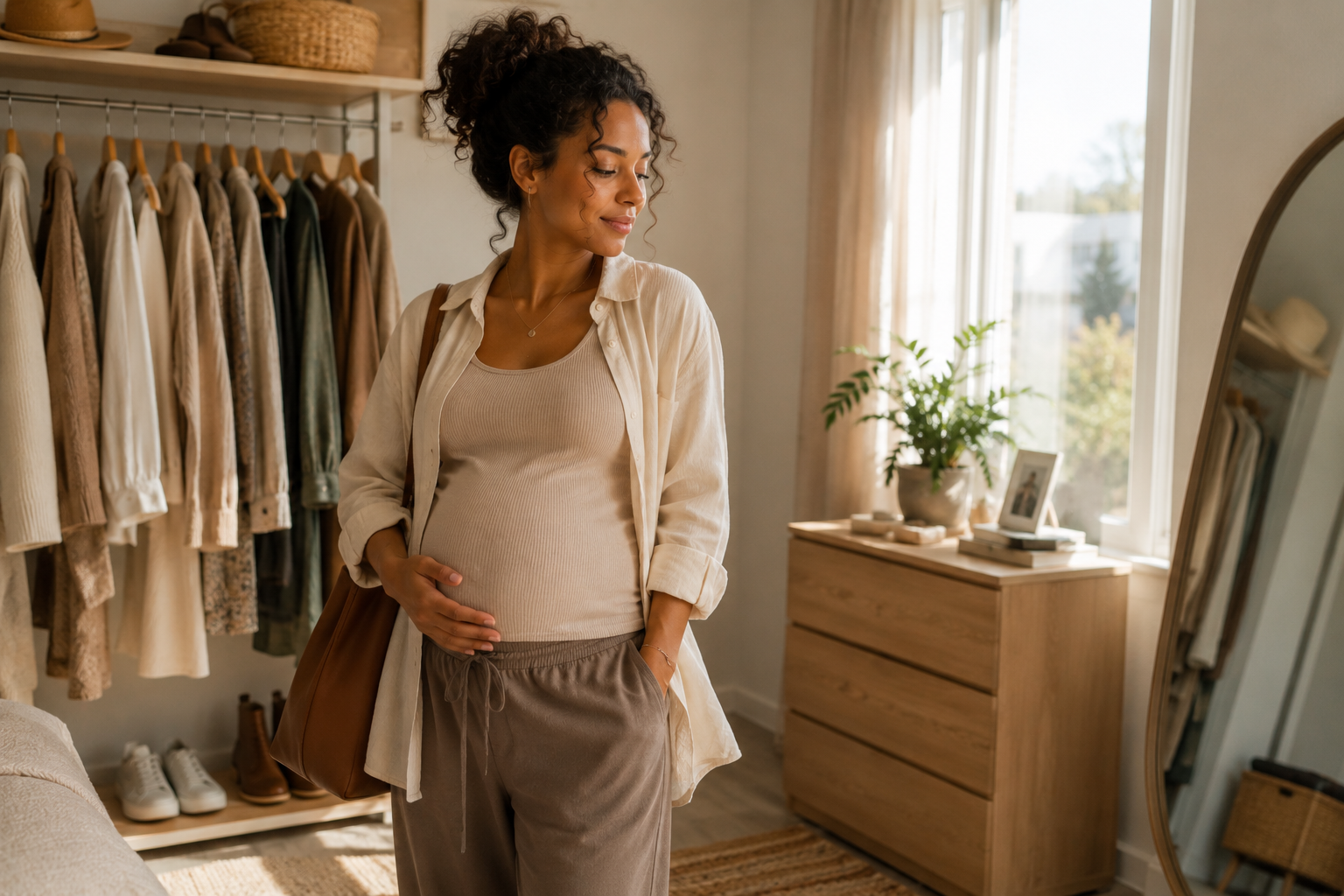 Pregnant woman in stylish casual maternity outfit, neutral tones, natural light, confident and relaxed