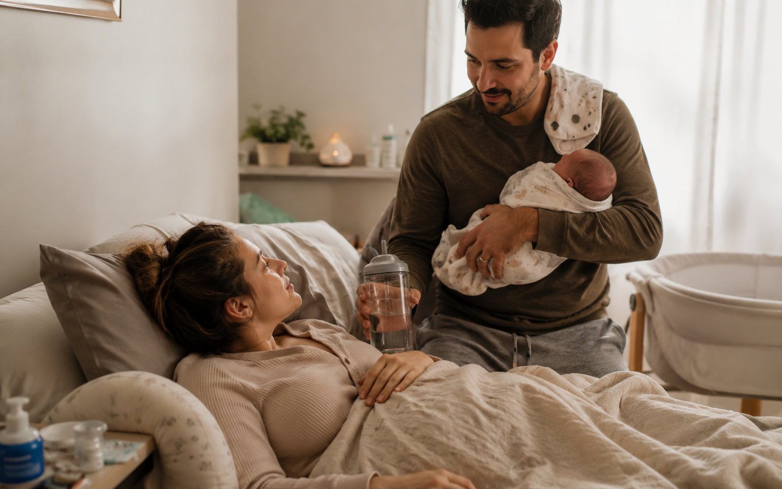 New father supporting a postpartum mother with newborn care, recovery, and shared responsibilities at home.