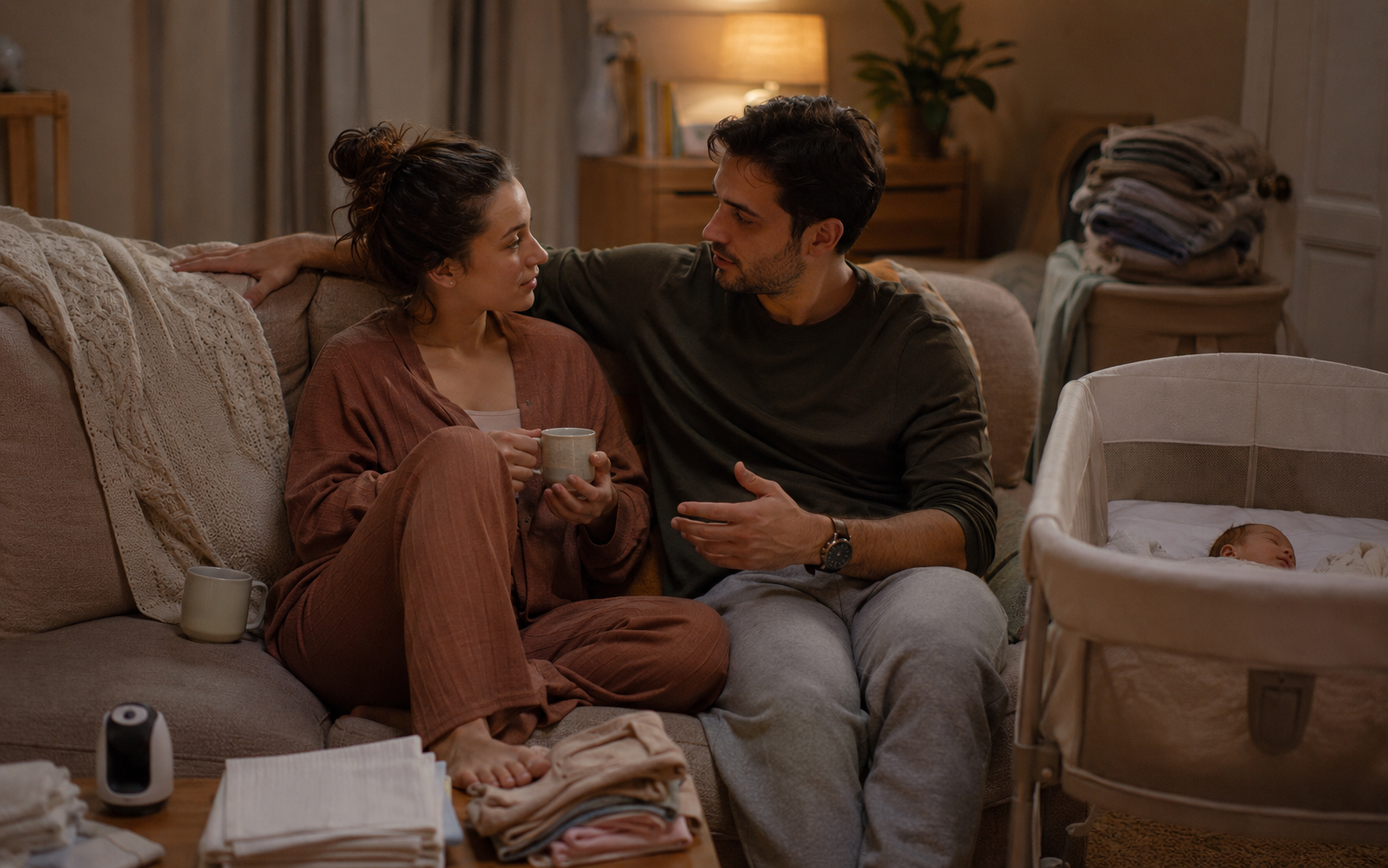 New parents having an honest conversation about relationship changes, identity, and shared mental load after baby.