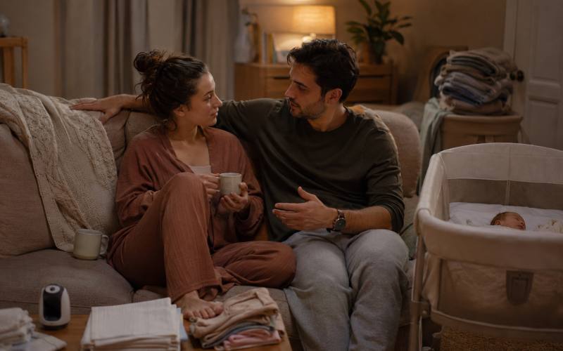 Couple navigating relationship and identity changes as new parents