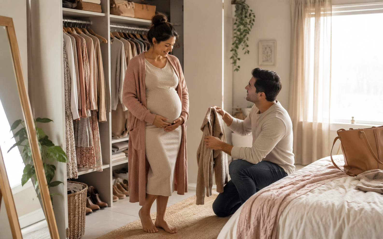 Pregnant woman choosing a comfortable maternity outfit at home with her partner for stylish pregnancy fashion.