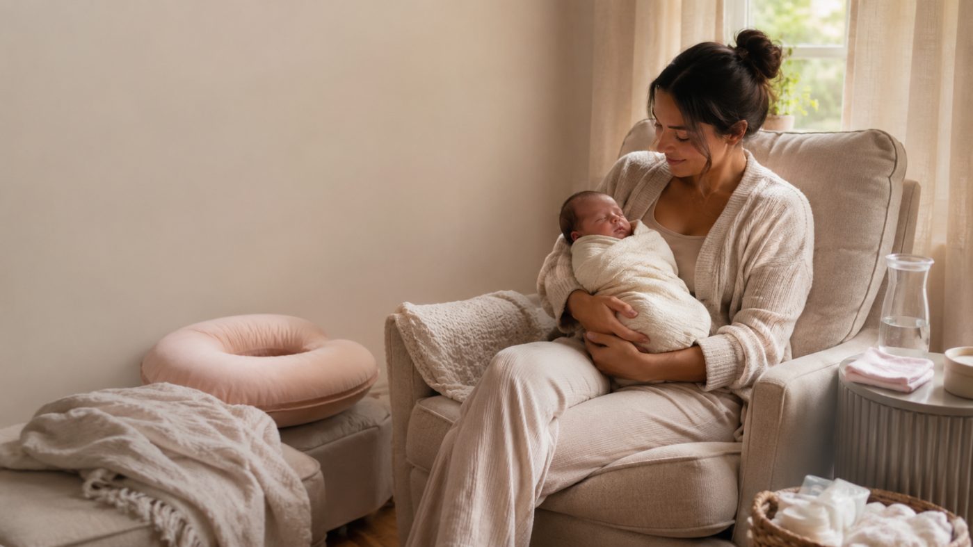New mother holding her baby close in the early days