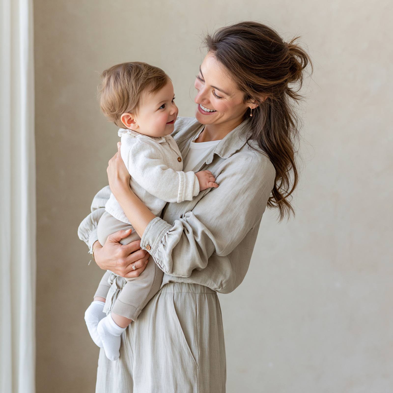 A parent holding their baby in soft natural light