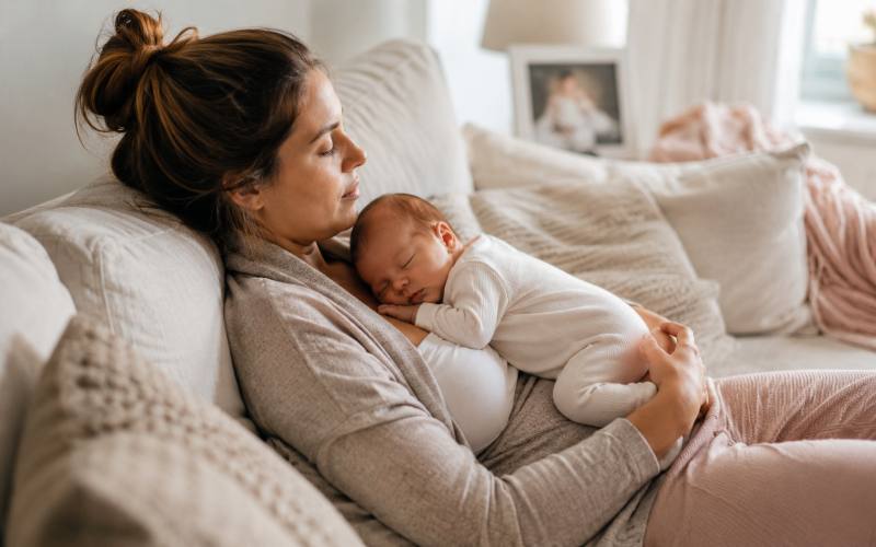 New mother resting during postpartum recovery