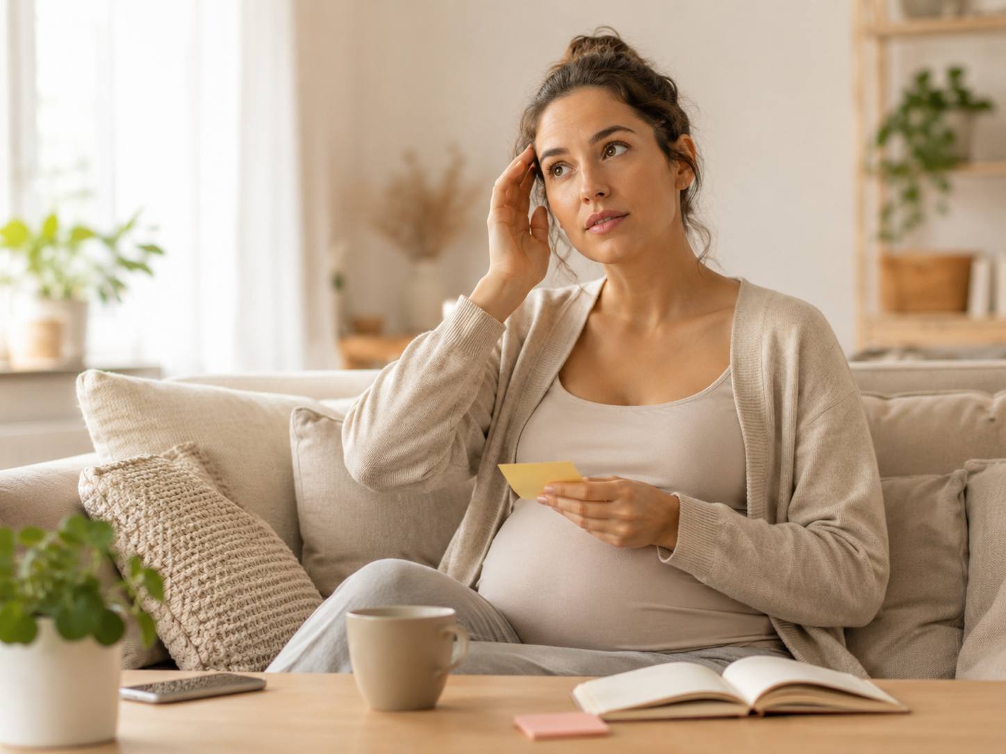 a pregnant woman looking gently distracted/forgetful, light and conceptual