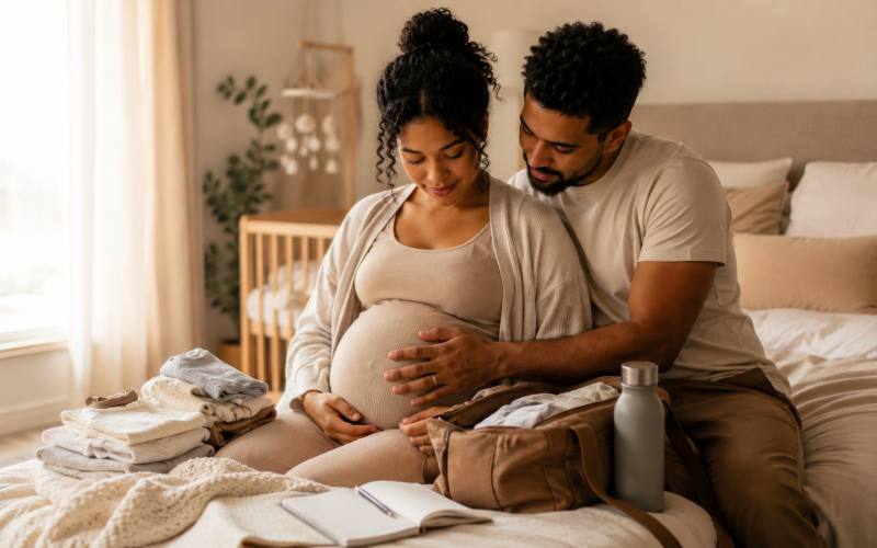 Couple sitting on a bed, partner gently holding pregnant woman's bump with baby clothes and hospital bag nearby