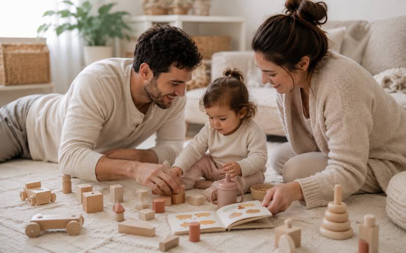 Father and mother playing with their toddler on the floor, warm home setting, engaged and joyful