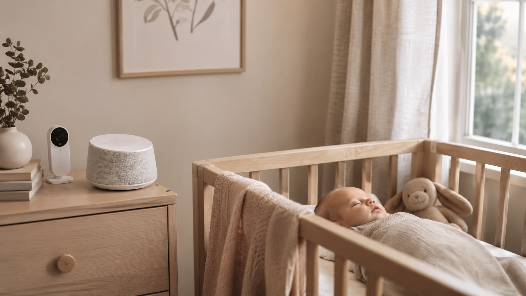 Picture of a baby in a crib sleeping soundly to a white noise machine