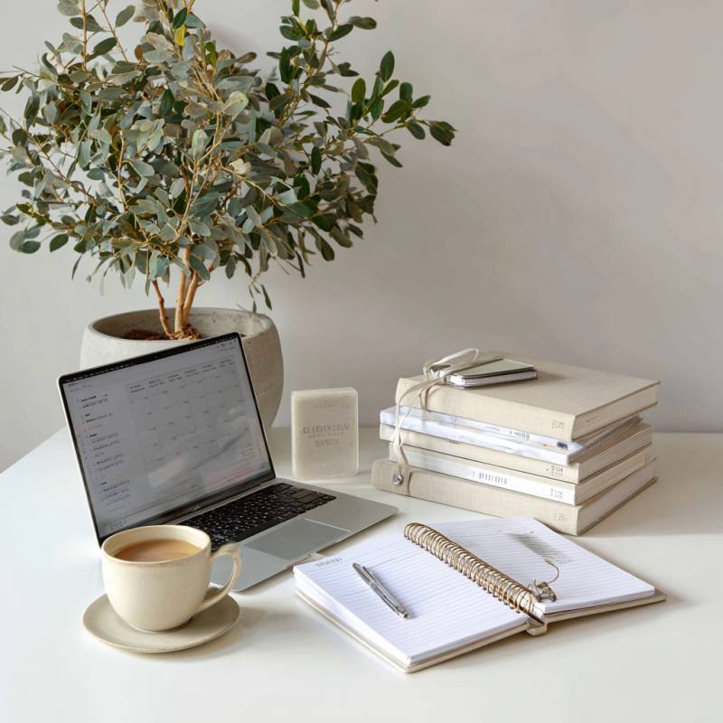 Calm, organized workspace with a notebook and coffee