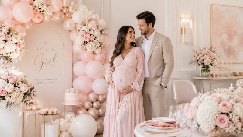Girl baby shower with blush and rose florals