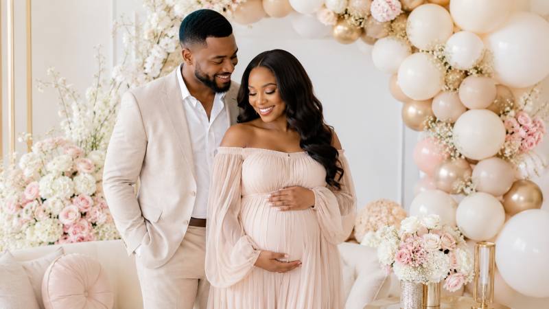 Styled baby shower table with balloons and florals, the full baby shower ideas guide
