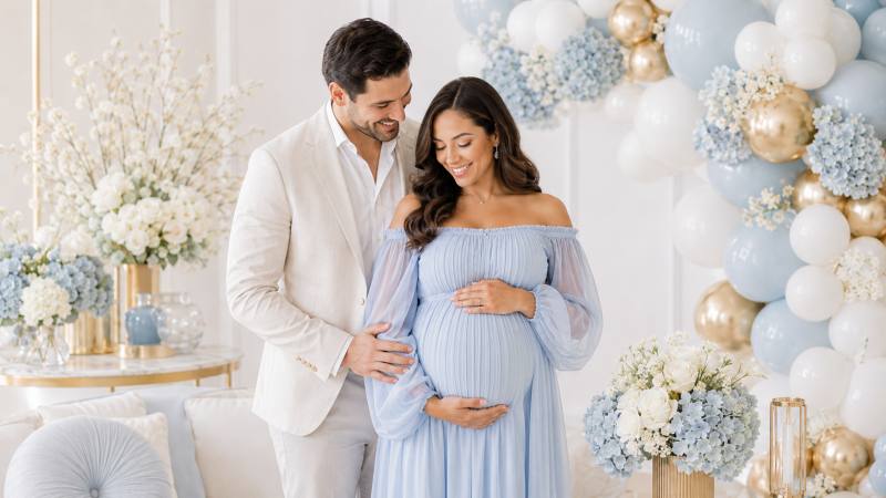 Boy baby shower with dusty blue balloons and decor
