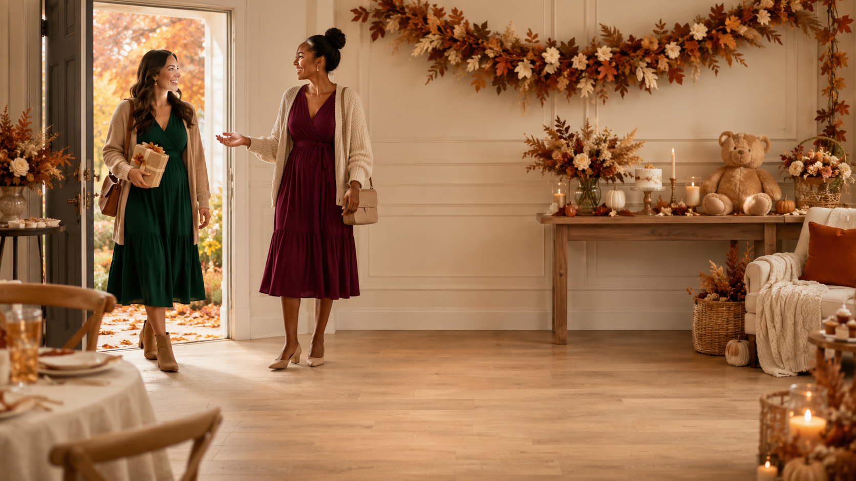 Two women in jewel-tone midi dresses and cream cardigans arrive at a cozy indoor fall baby shower decorated with rust-and-cream garlands, autumn leaves, candles, pumpkins, and seasonal flowers.