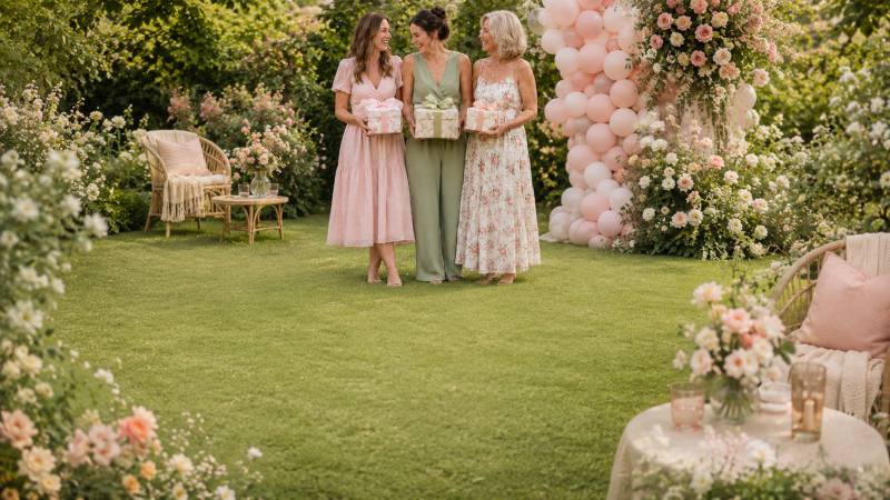 Three women guests at a pastel garden baby shower
