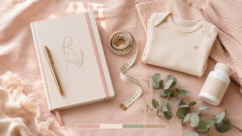 Second trimester flat lay with a journal, a measuring tape, a onesie and prenatal vitamins