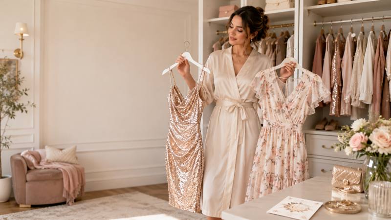 A woman at her closet choosing between two baby shower dresses