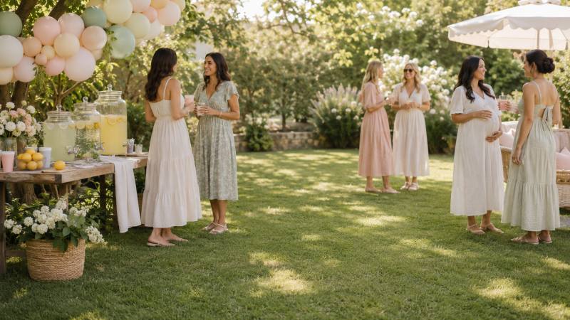 Guests mingling on a sunlit lawn in summer dresses