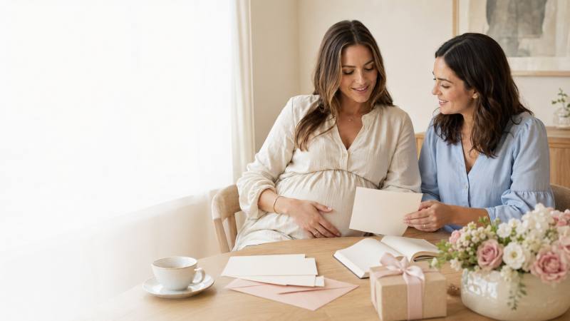 A host planning a baby shower with a notebook, invitations and coffee