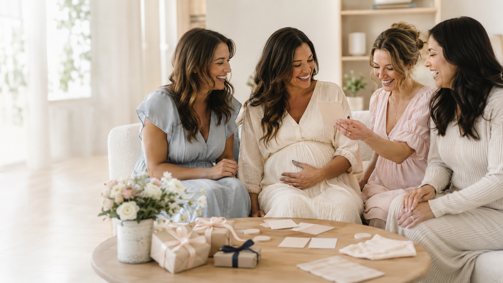 Four women laugh while playing a baby shower game with cards, flowers, and wrapped gifts in a bright living room.