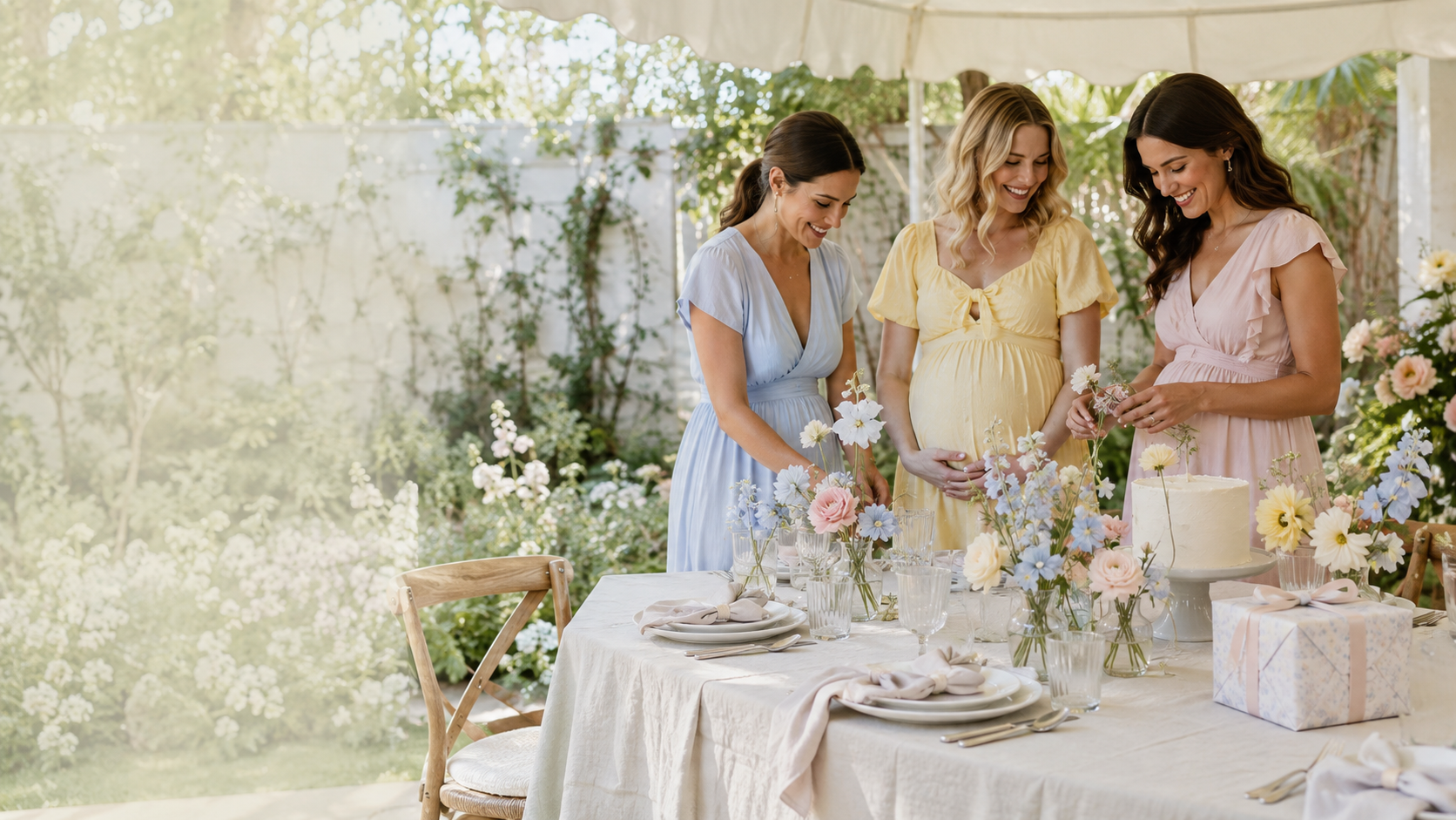 Pregnant woman and friends arrange flowers at an elegant garden baby shower with pastel table settings, cake, and wrapped gifts.