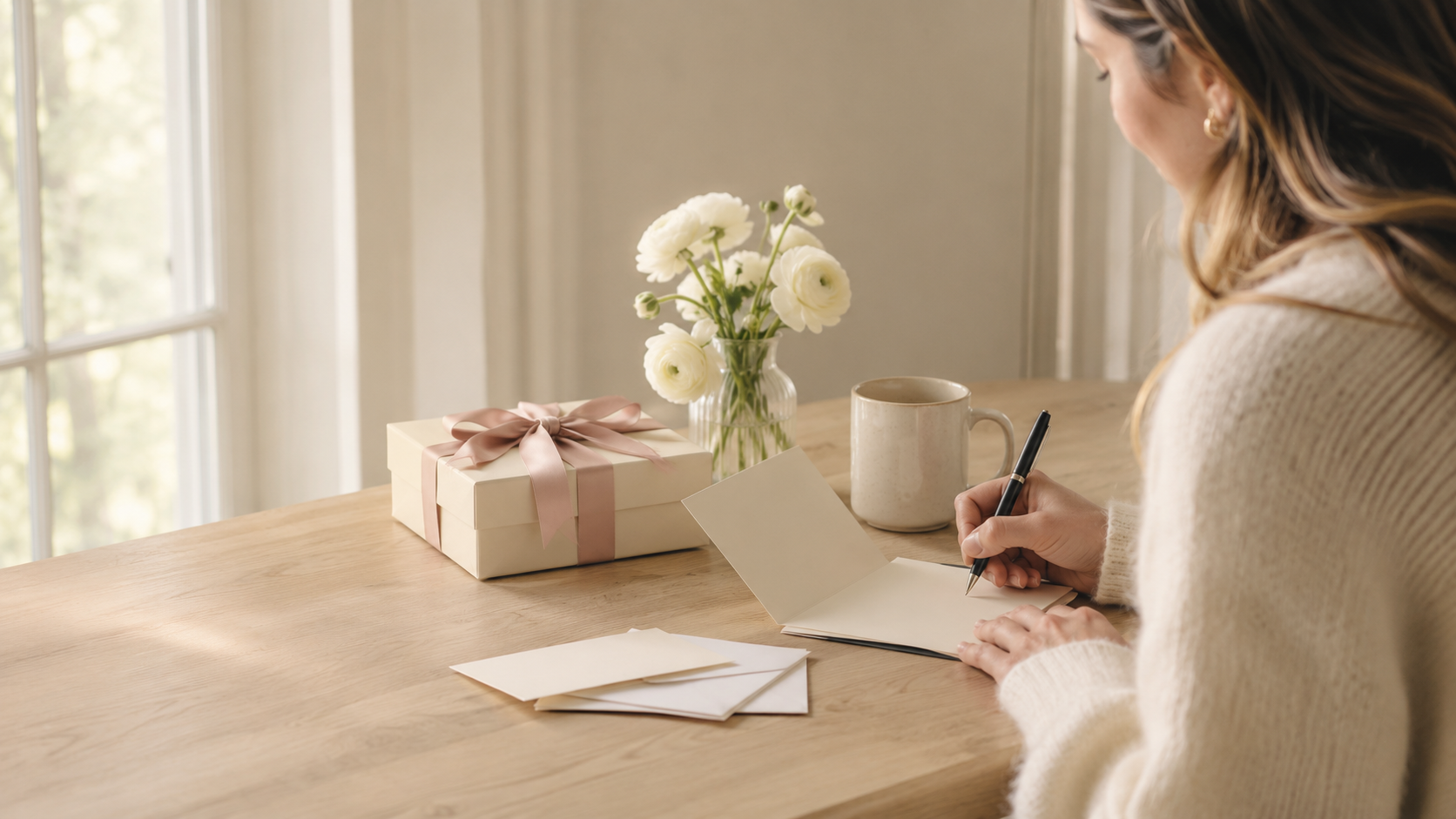 Woman writing a baby shower card at a sunlit table with a wrapped gift, white flowers, and blank envelopes.